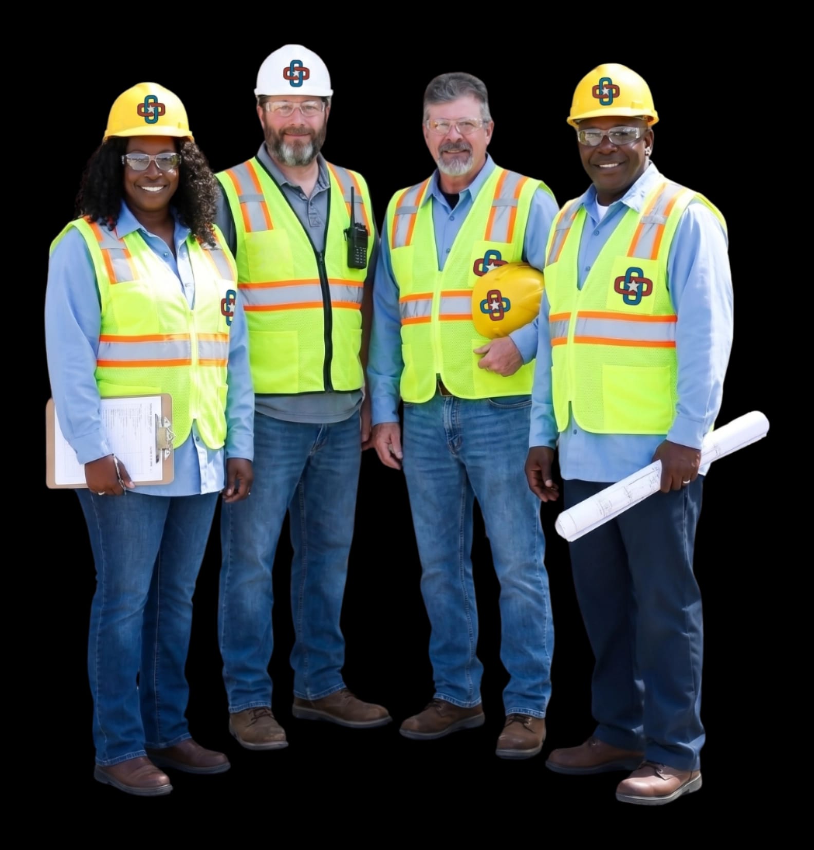 Four First Link Safety professionals in hi-vis vests and hard hats: one holding a clipboard, one with rolled blueprints, and one with a hard hat under their arm