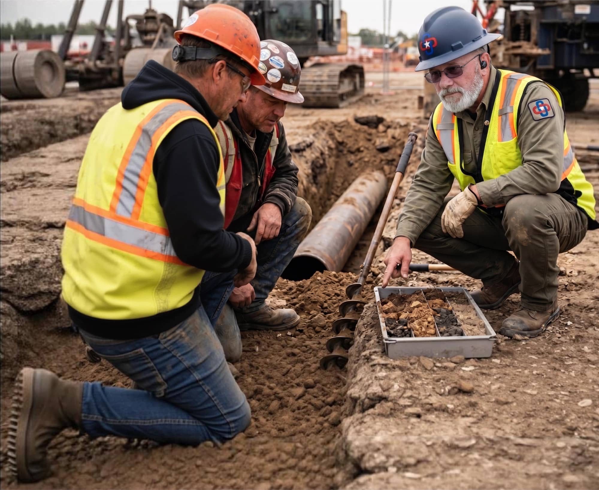 First Link Safety advisor in hi-vis vest crouched at the edge of an open trench, showing two crew members a tray of soil samples next to an exposed pipeline