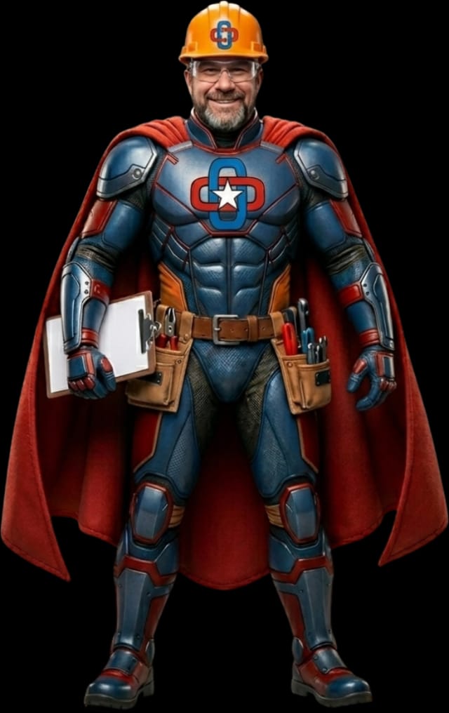 Illustration of a construction safety professional in hard hat and cape, holding a safety checklist