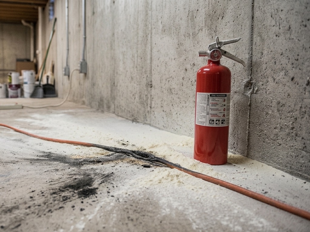 Charred orange extension cord on a concrete floor beside a red fire extinguisher after the fire was put out