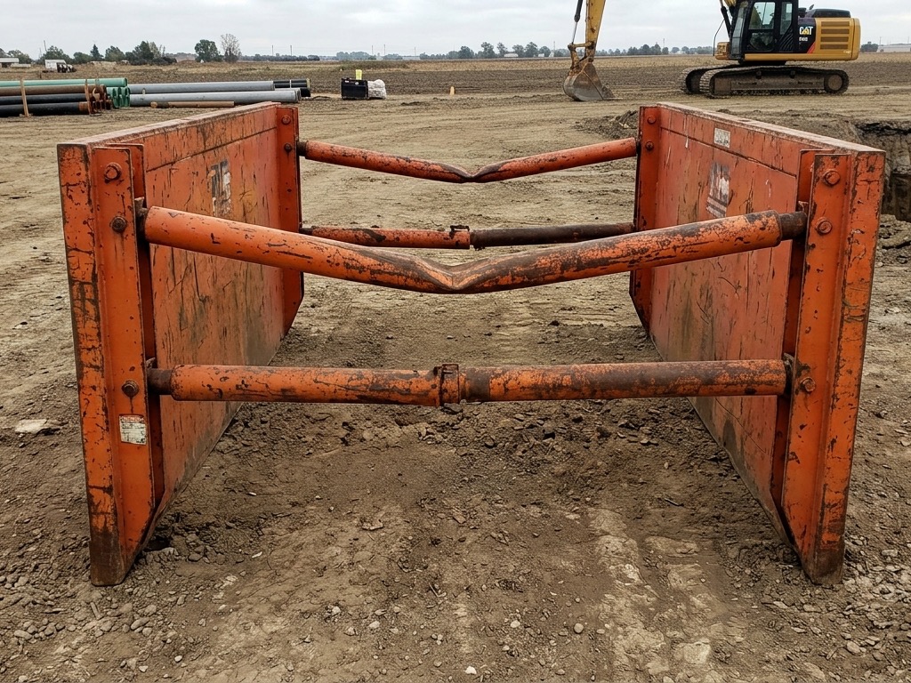 Damaged orange trench box with buckled spreader pipes on a construction site, the equipment at the center of an OSHA citation dispute