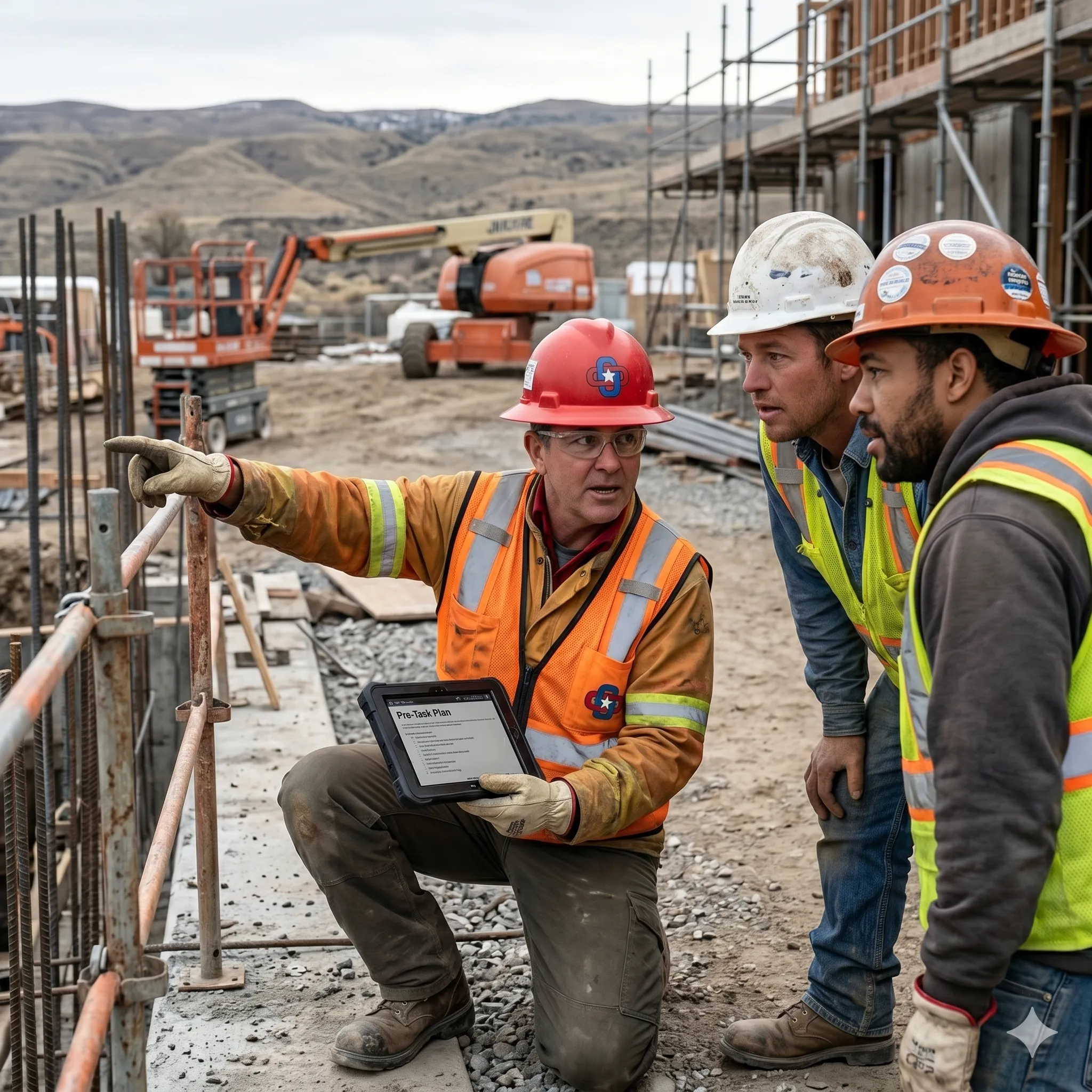 First Link Safety technician reviewing a pre-task plan with a construction crew at an active Idaho jobsite