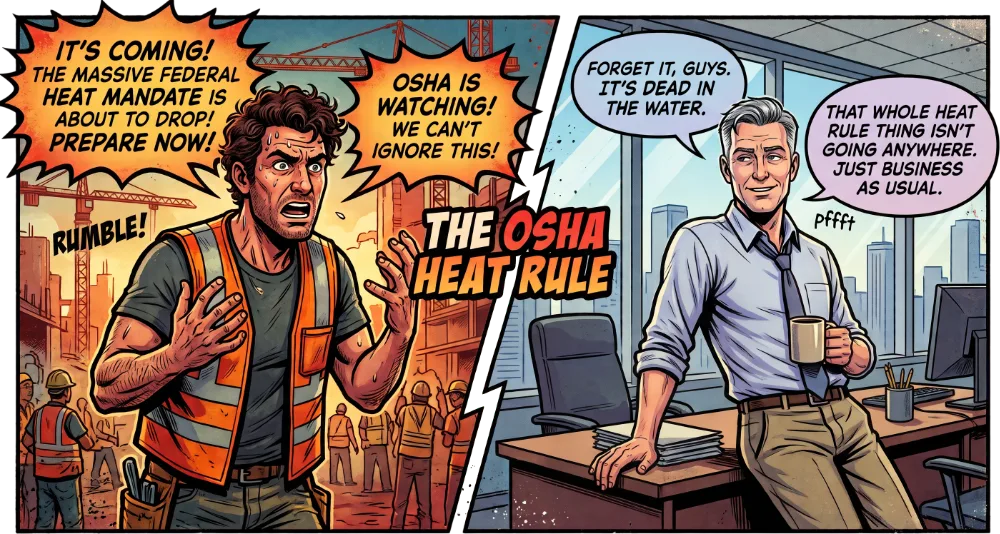 Two-panel comic. Left: a sweating worker in a hard hat and safety vest on a hot jobsite, arms up, shouting that a massive federal heat mandate is about to drop and OSHA is watching. Right: a manager in an office with a coffee mug, smirking that the whole heat rule thing is dead in the water and it's business as usual.